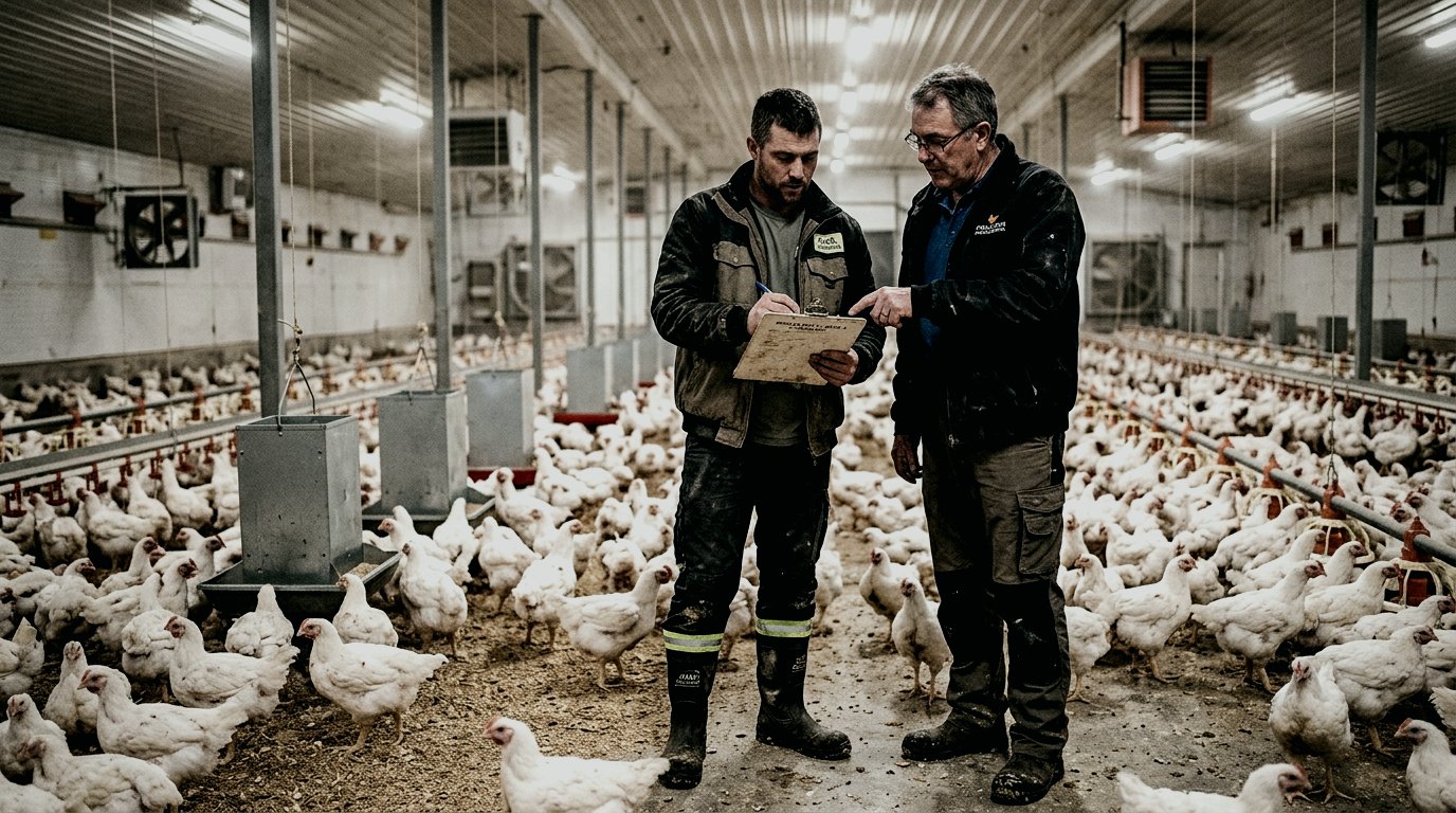 A producer and a nutritionist reviewing rearing feed specifications at the unit